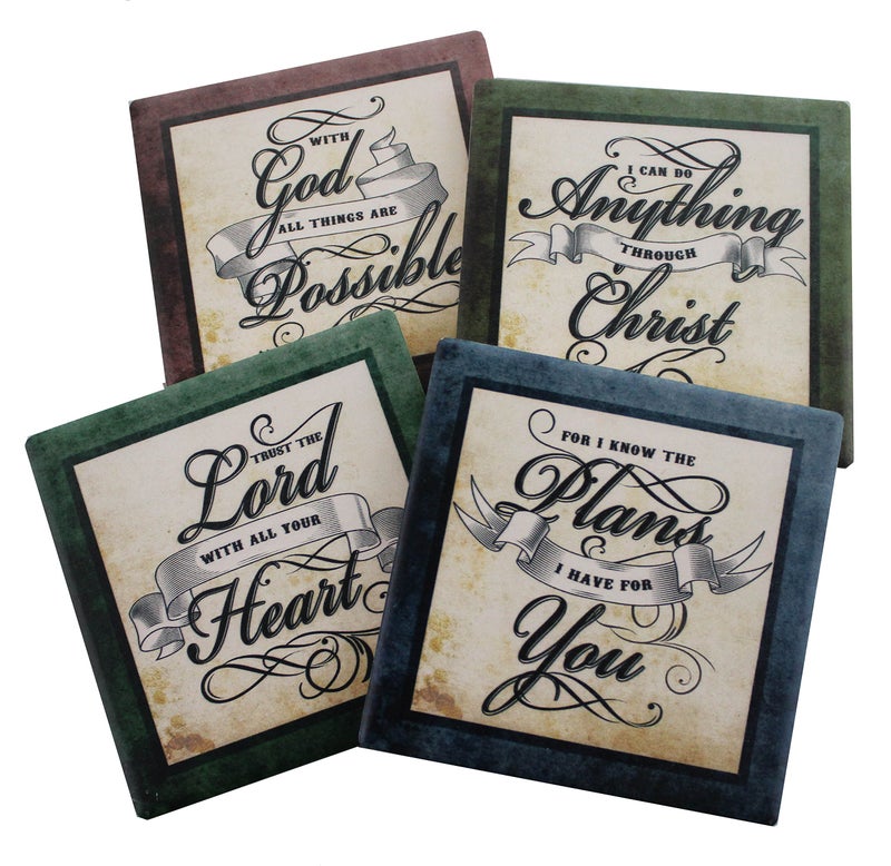 DWK Inspirational Scriptures Coaster Set of 4 | Encouraging Verses to Protect Your Furniture | Christian and Spiritual Gifts and Decor - Image 1
